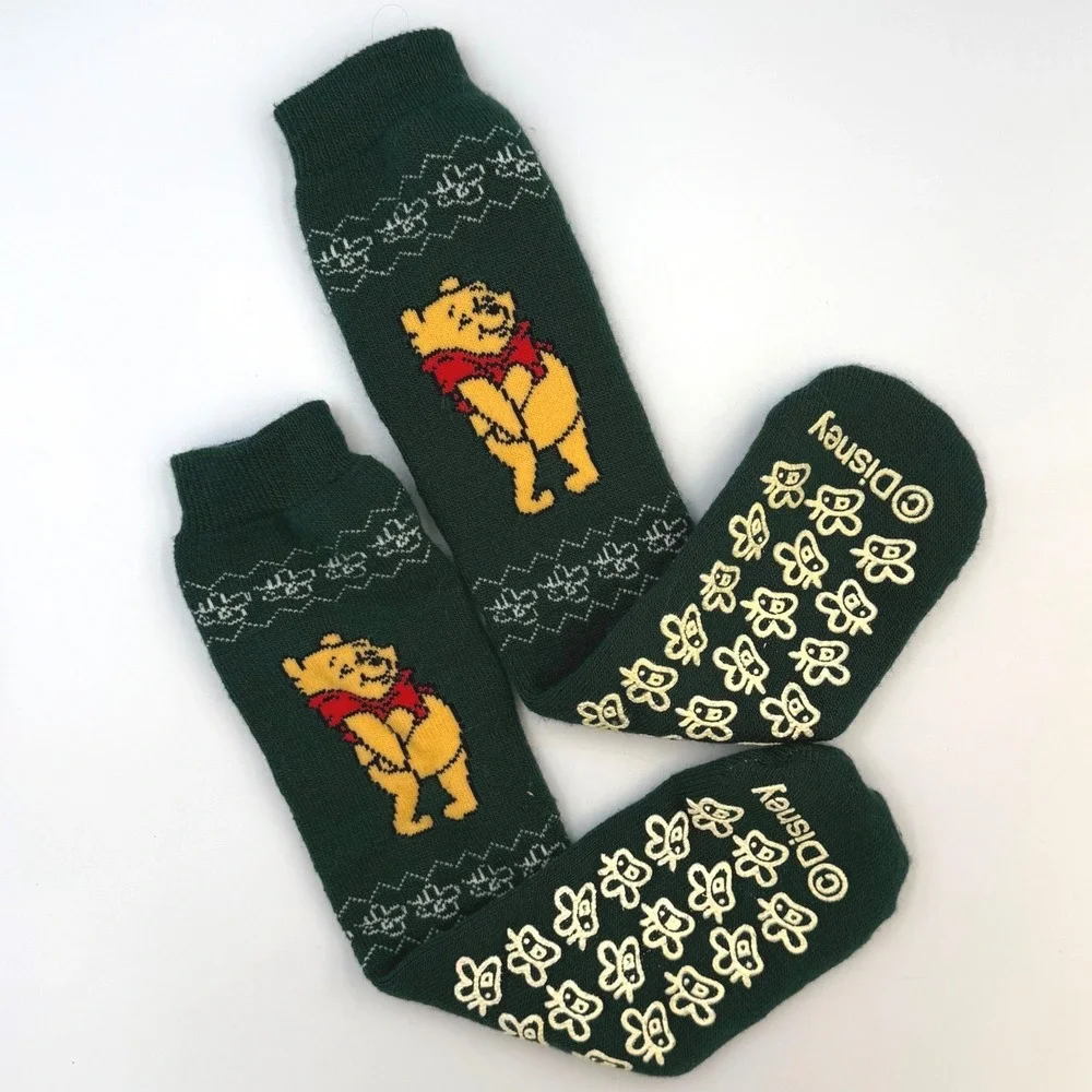 Disney Winnie the Pooh Slipper Socks Green Knit Non Slip Bee Grip Crew Socks